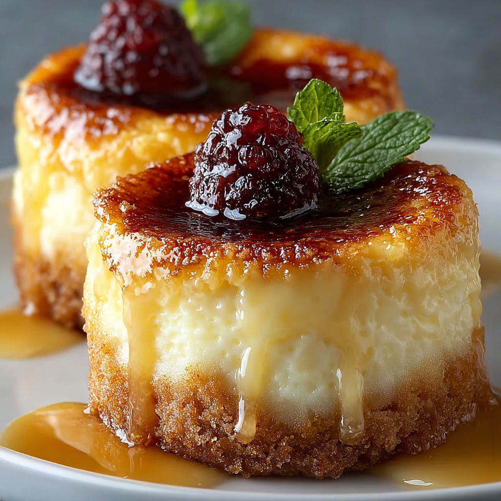 Des mini-cheesecakes crème brûlée sur un plateau.