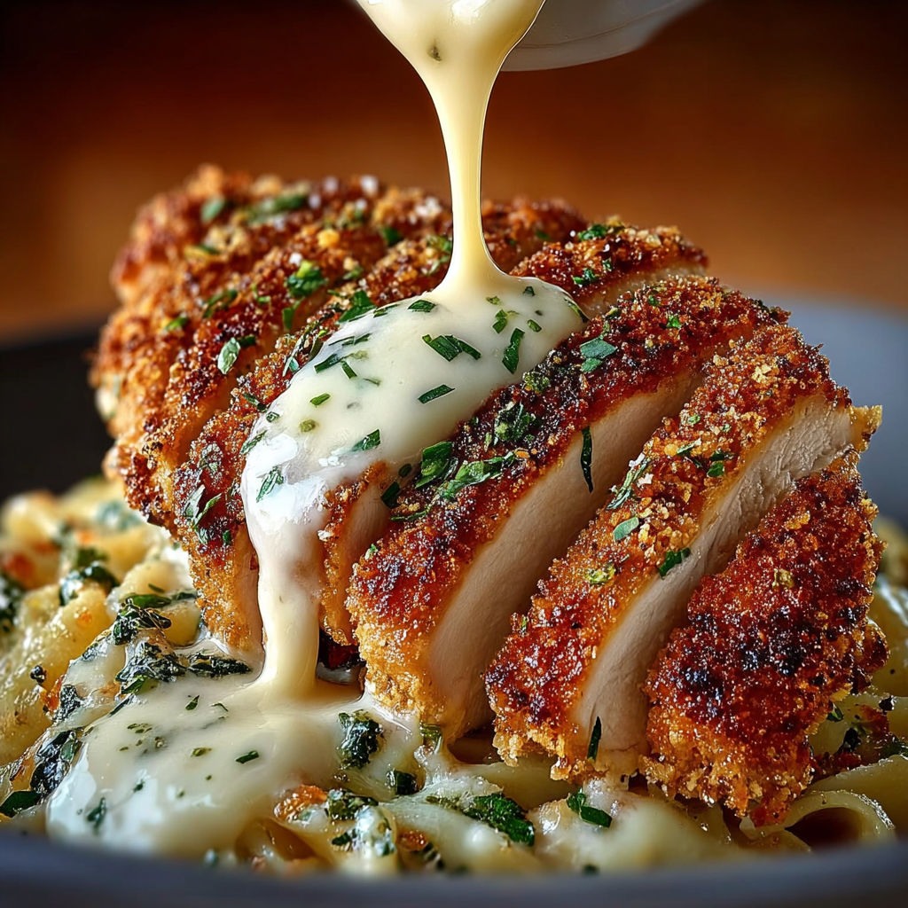 Une poignée de poulet grillé avec une sauce au yaourt et des herbes, servie sur une pile de spaghetti.