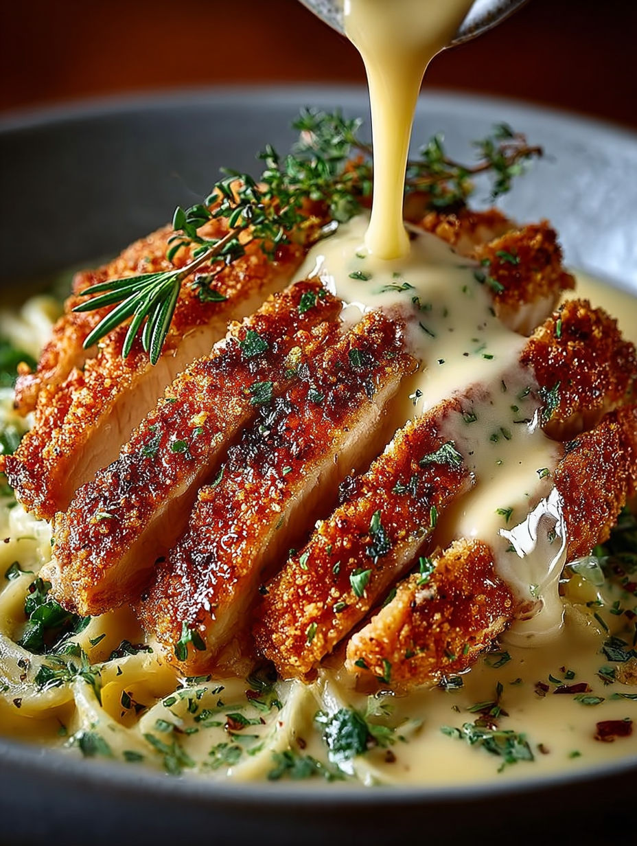 Une poignée de herbes fraîches sur un morceau de poulet grillé, avec une sauce au beurre et à la crème.