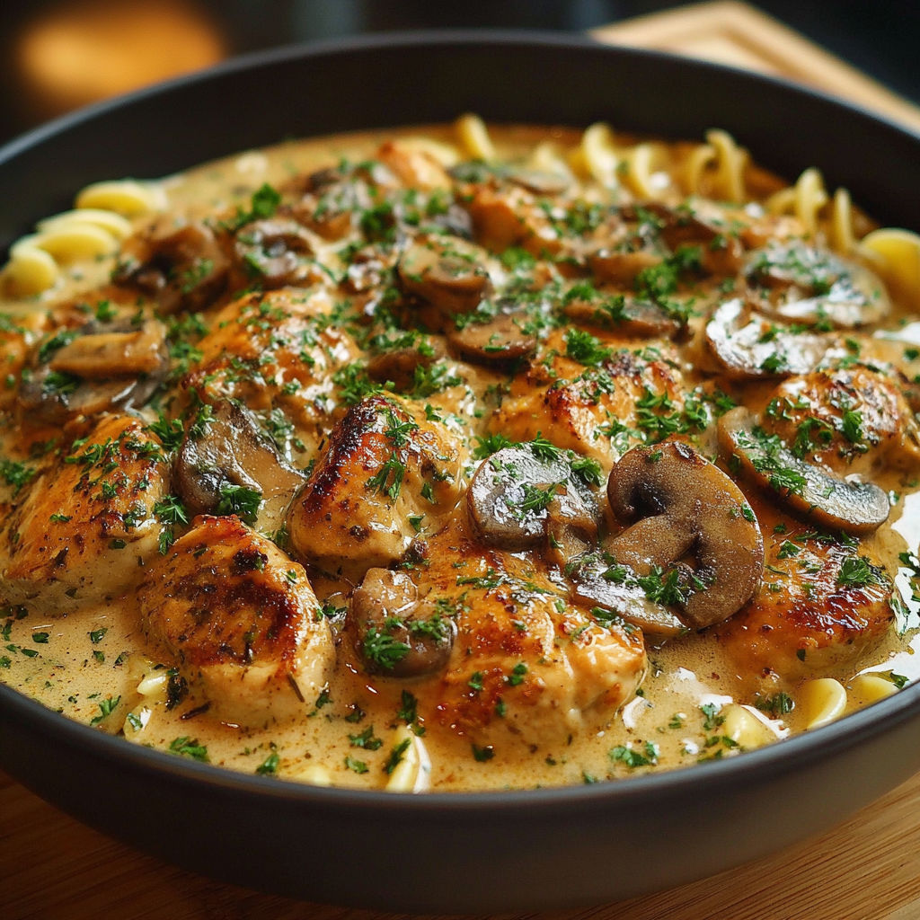 Un plat de poulet Stroganoff aux champignons, avec des herbes et des noix de cajou, est servie dans un bol sur une table.
