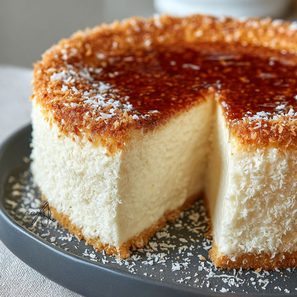 Une portion de flan coco à la brésilienne est servie sur un plateau.
