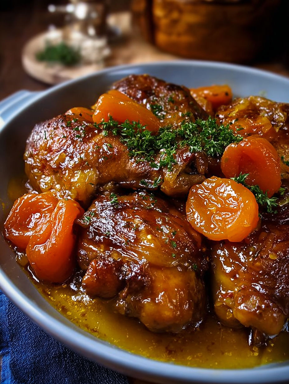 Une assiette de poulet mijoté au miel, pain d'épices et abricots secs.