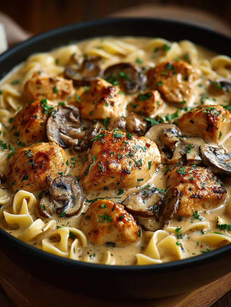 Chicken with mushrooms and herbs in a creamy sauce.