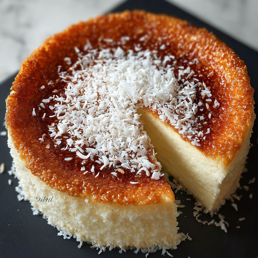 Une tarte aux fruits de mer, avec une couche de crème et une couche de sucre, est servie sur un plateau.