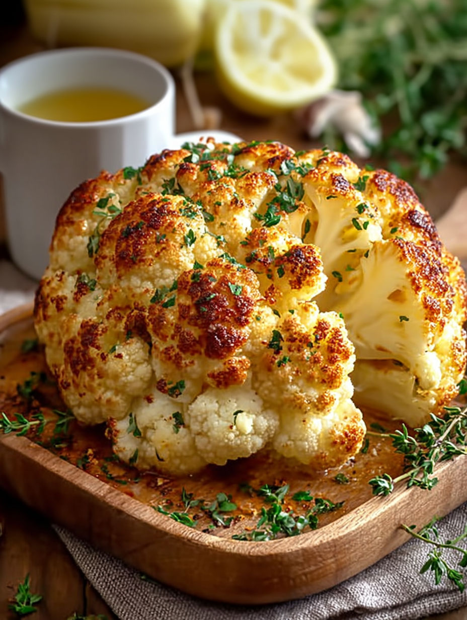 Cauliflower florets are cooked and seasoned with herbs and spices, served on a wooden cutting board.