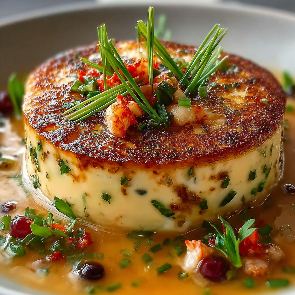 Une tarte aux herbes et aux fruits de mer, garnie de câpres et de raisins, est servie sur un plateau.