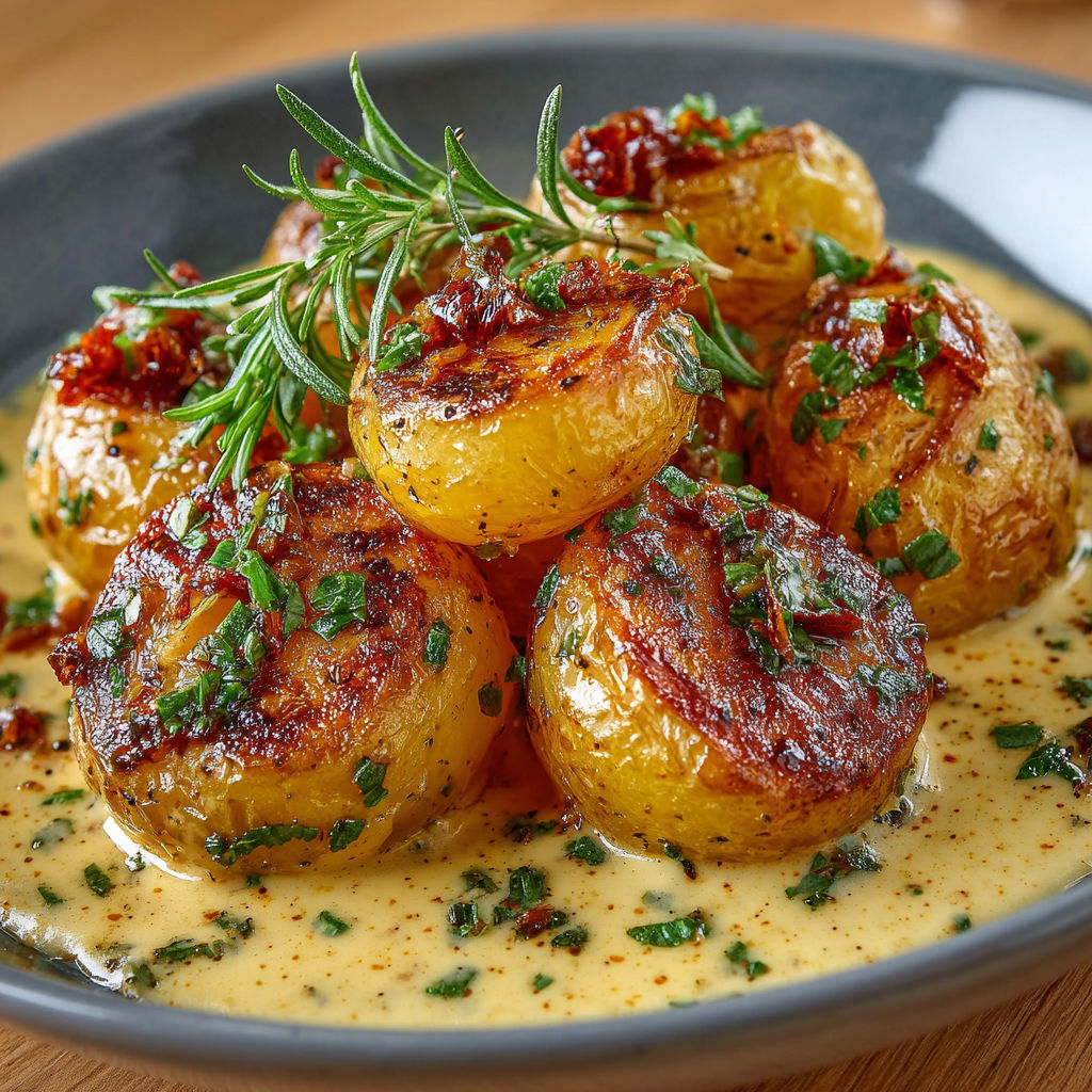Une assiette de pommes de terre grillées avec une sauce crémeuse à l'ail.