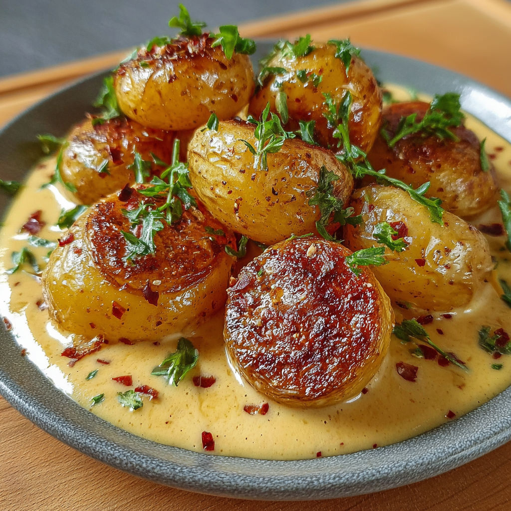Une assiette de pommes de terre rôties avec une sauce au piment et des herbes, accompagnées de légumes verts.