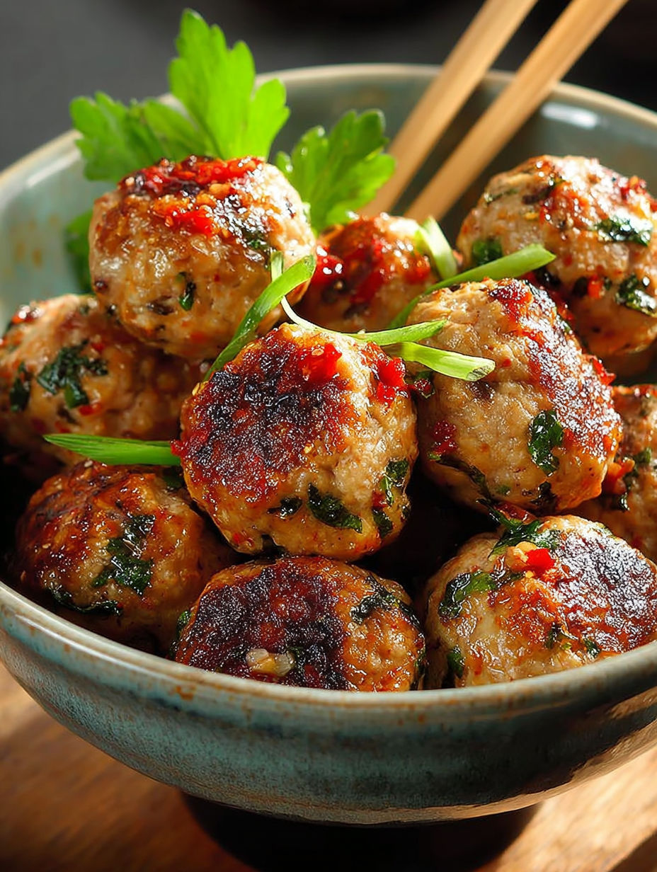 Une assiette contenant des boulettes de viande avec des herbes vertes.