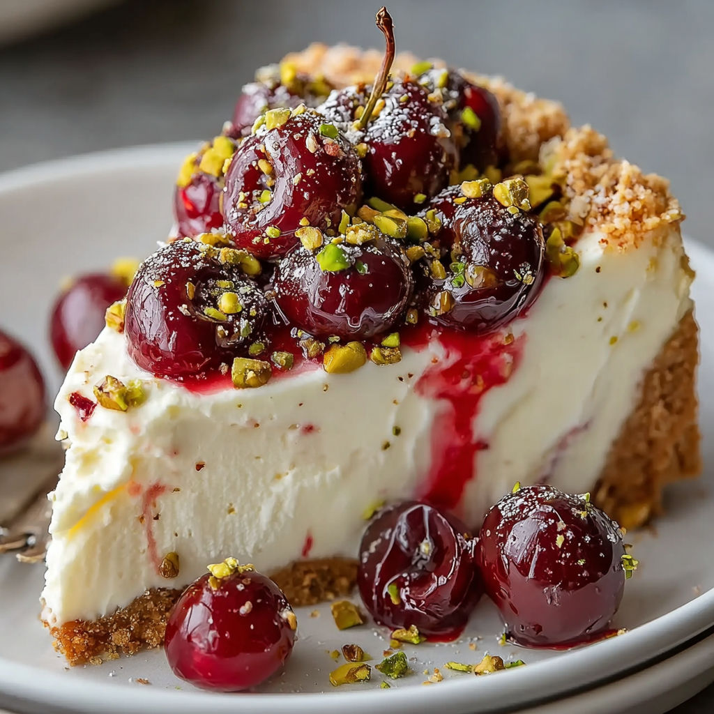 Une tarte aux cerises et pistaches, garnie de cerises fraîches et de pistaches, est servie sur un plateau.