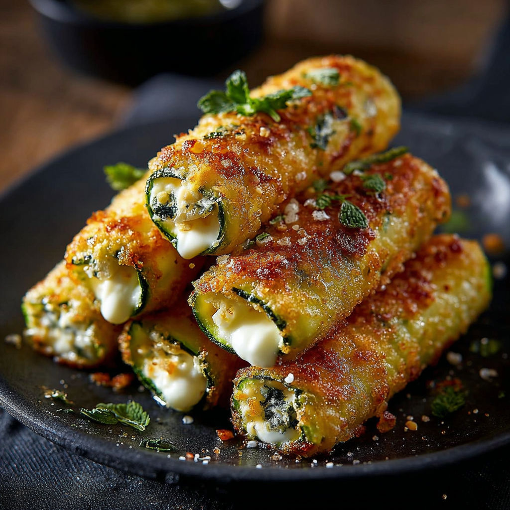Une assiette de cigares de courgettes croustillants au fromage feta et mozzarella.