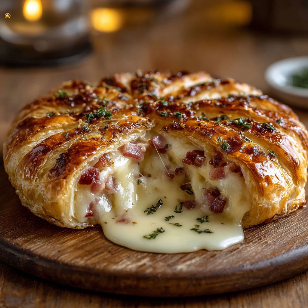 Une portion de Feuilleté au Camembert et Lardons, avec du fromage fondu et des herbes, sur une table.