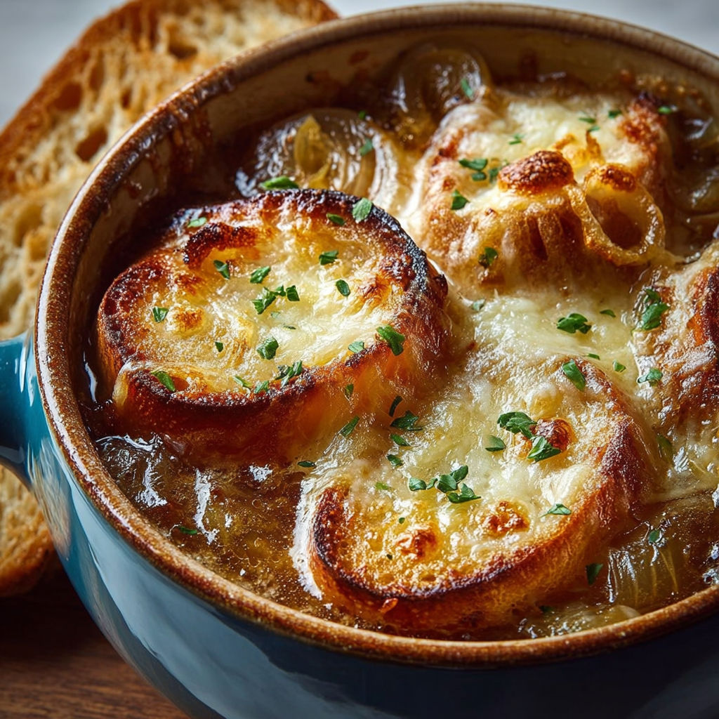 Une soupe chaude avec des croûtes de pain et des champignons.
