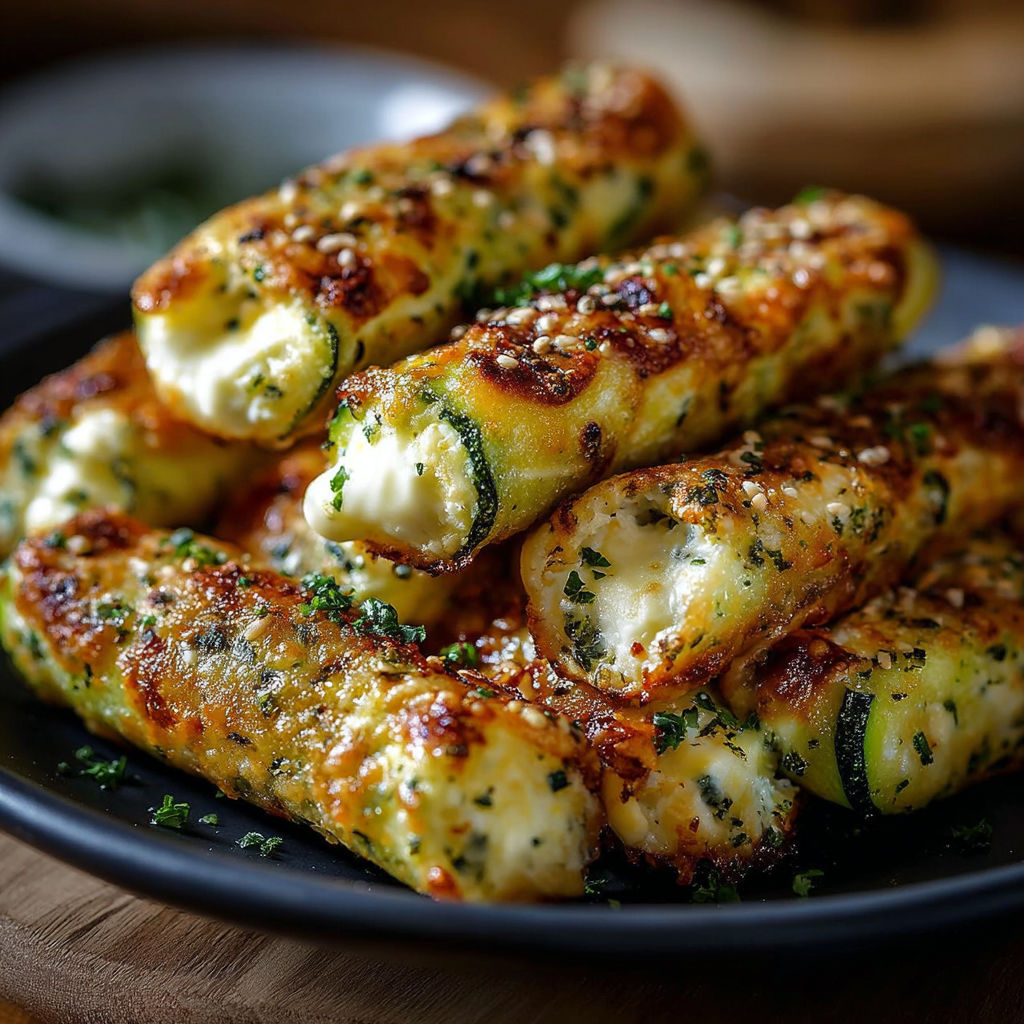 Une plaque noire contenant des brochettes de courgette farcies, avec une sauce au fromage et des herbes.