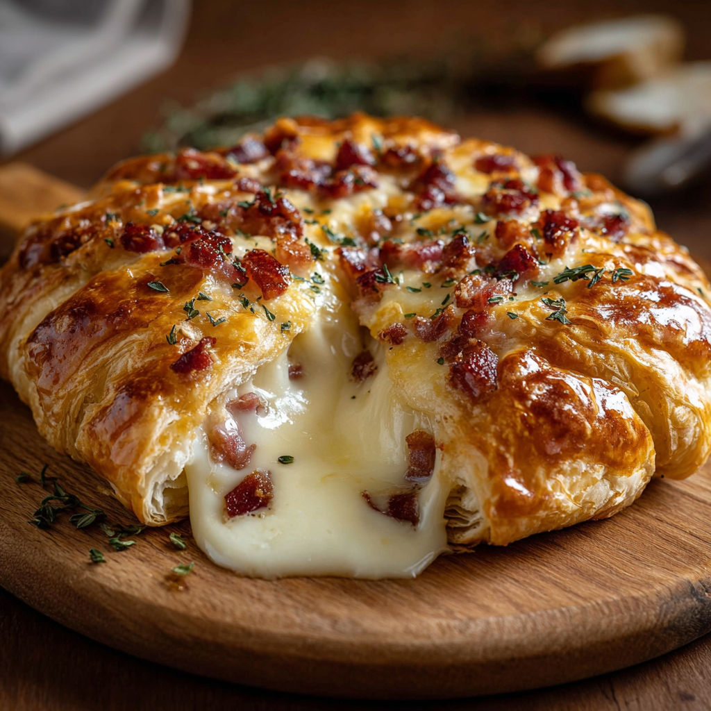 Une tarte aux bacon et au fromage, servie sur un plateau de bois.