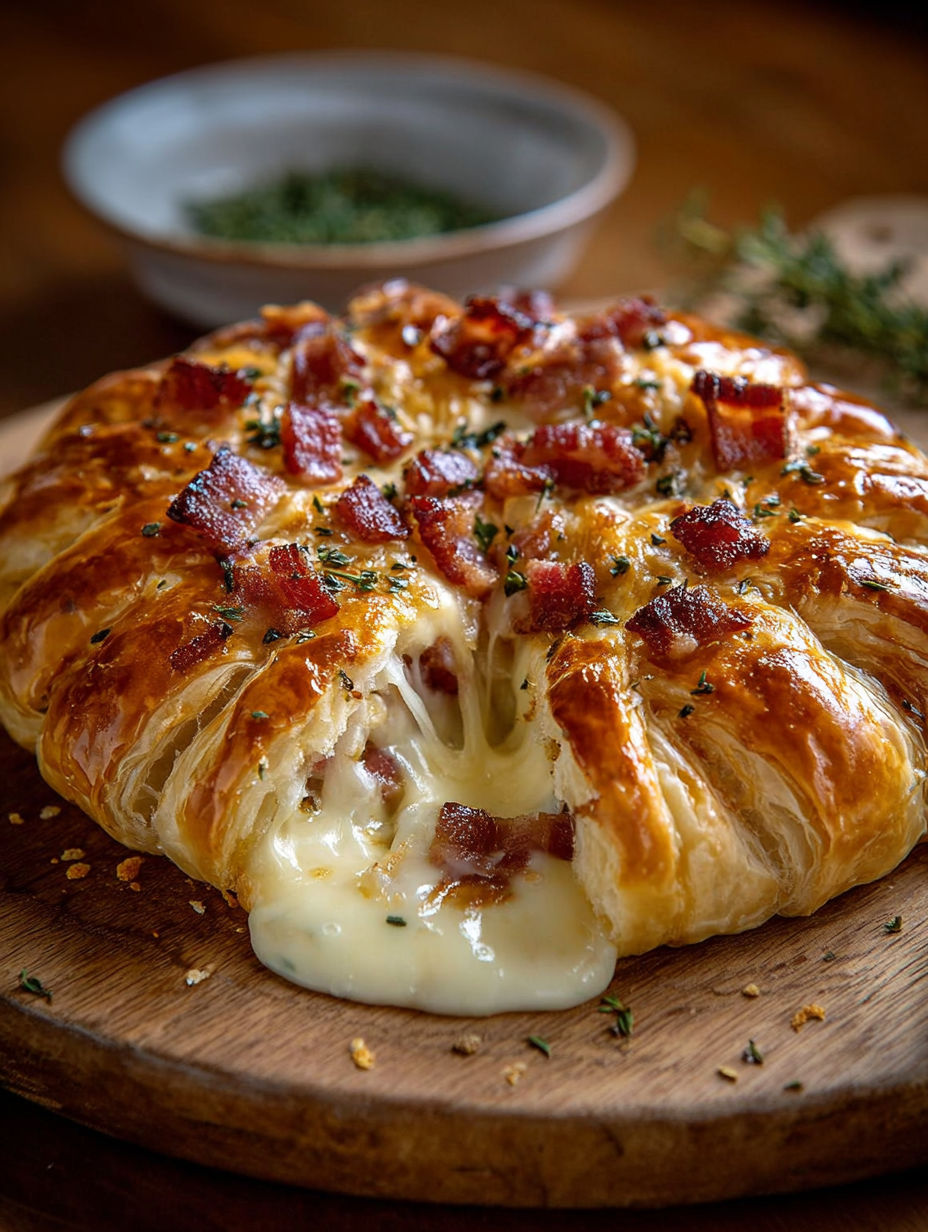Une tarte aux bacon et au fromage, avec une sauce au pesto, sur un plateau de bois.