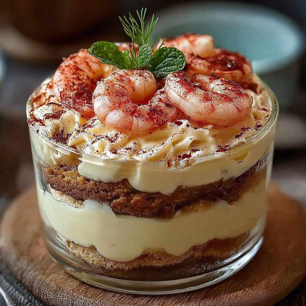 Une tarte aux crevettes roses et au chocolat, servie dans un verre, est prête à être dégustée.