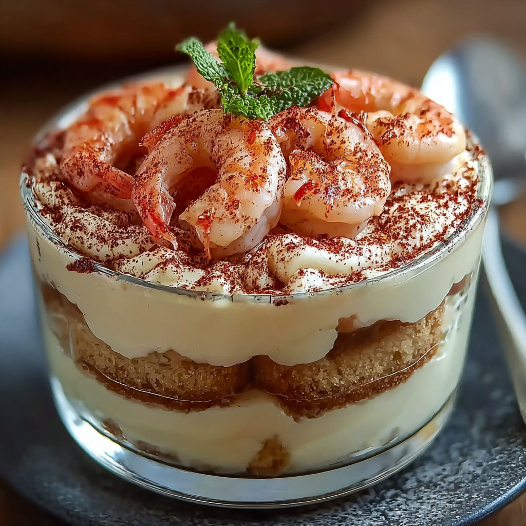 Une tarte aux fruits de mer est servie dans un verre.