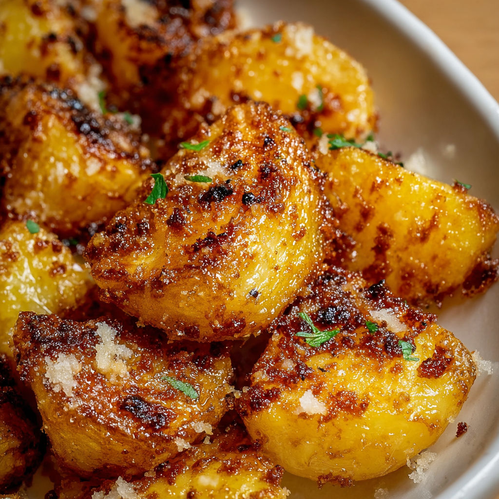 Une assiette de pommes de terre grillées avec du parmesan et de l'ail.