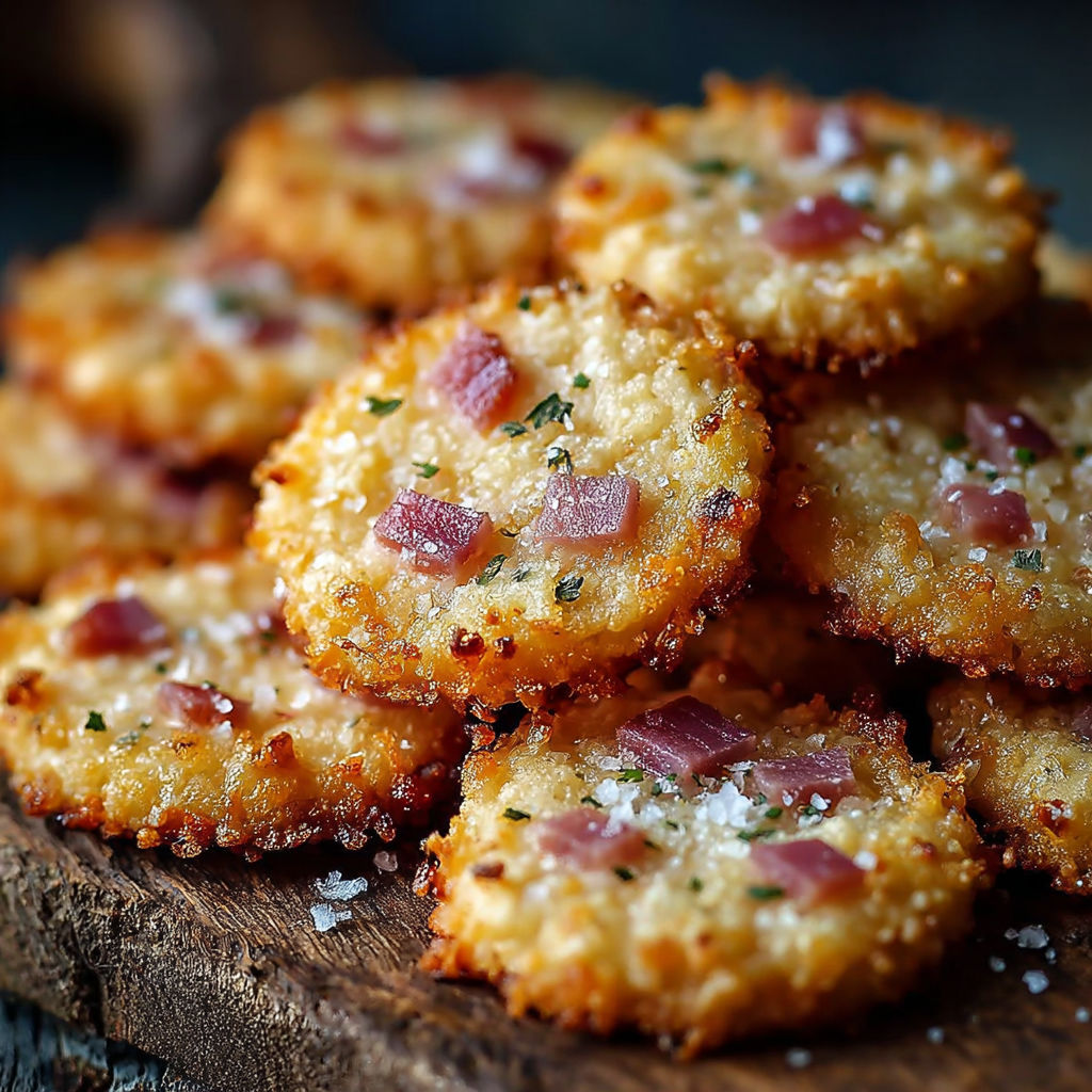 Une pile de mini pizzas avec des lardons et des herbes.
