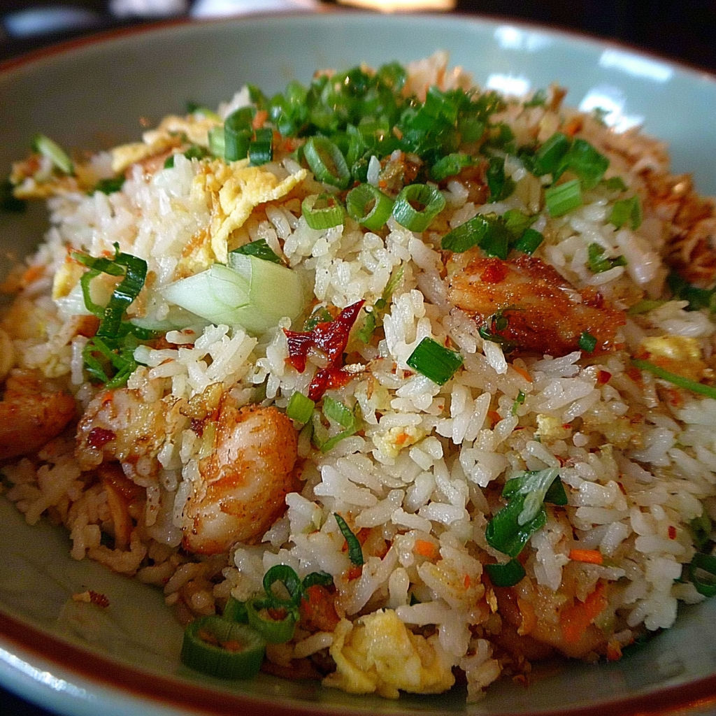 Une assiette de riz frit thaïlandais, avec des légumes verts et des oeufs, est servie sur une table.