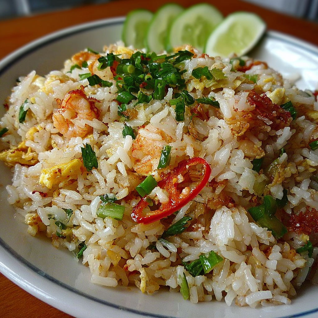 Une plate de riz avec des légumes verts et des épices.