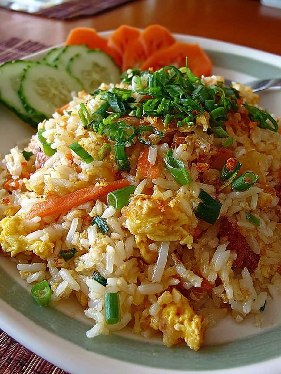Rice and vegetables with a garnish of cucumber and carrot.