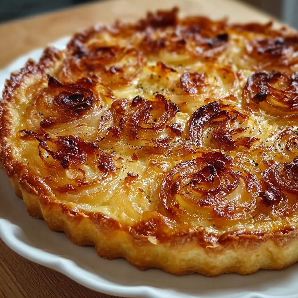 Une tarte aux pommes chaude et croustillante, servie sur un plateau en verre.