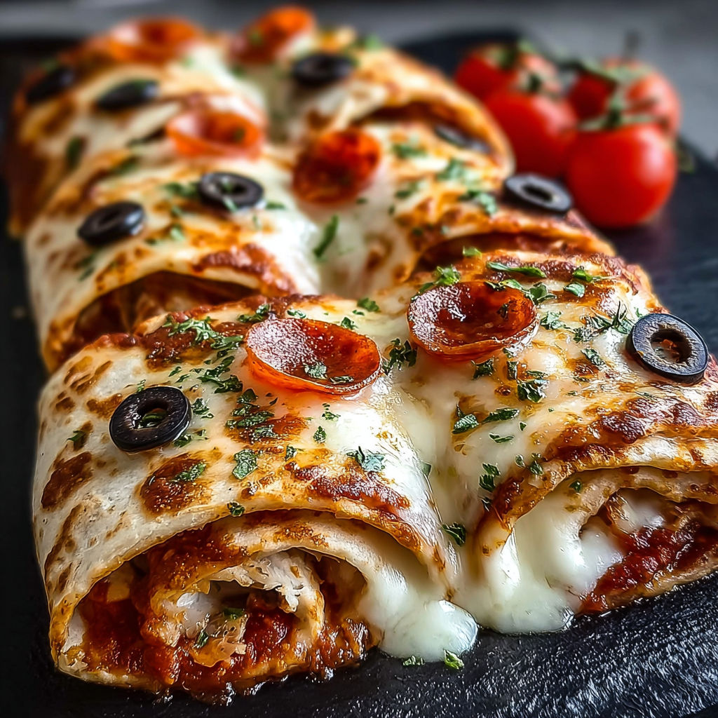 Un délicieux Wraps pizza au four, avec des tomates, des olives et du fromage, est prêt à être mangé.