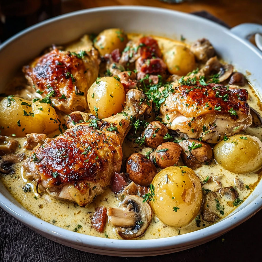 Une assiette de poulet à la Normande, avec des champignons et des pommes de terre, est servie sur une table.
