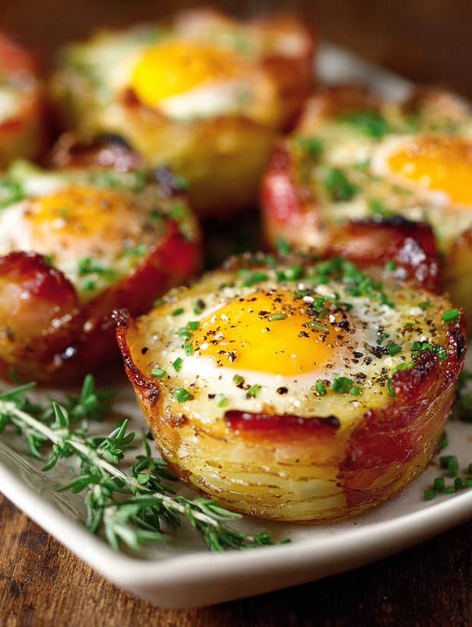 Bacon and egg muffins with herbs on a plate.