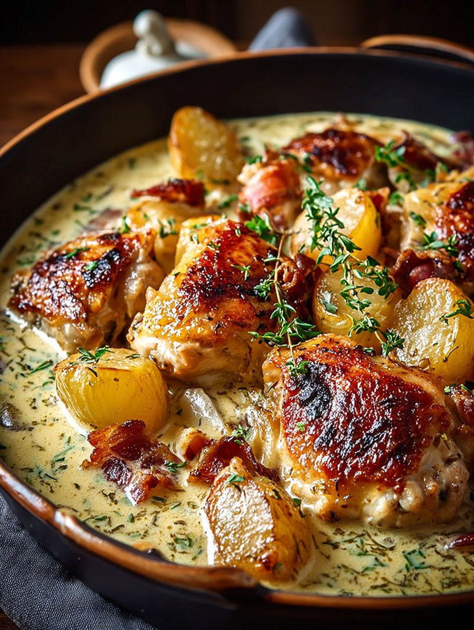 Une recette de poulet grillé avec des pommes de terre et des herbes.