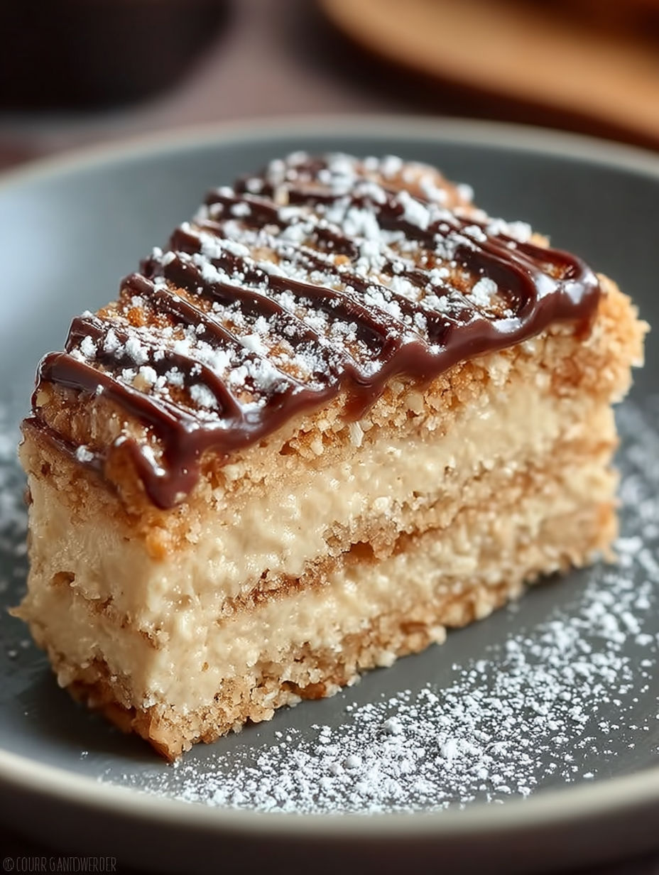 Une tarte aux fruits et chocolat, garnie de sucre et de chocolat, sur un plateau.