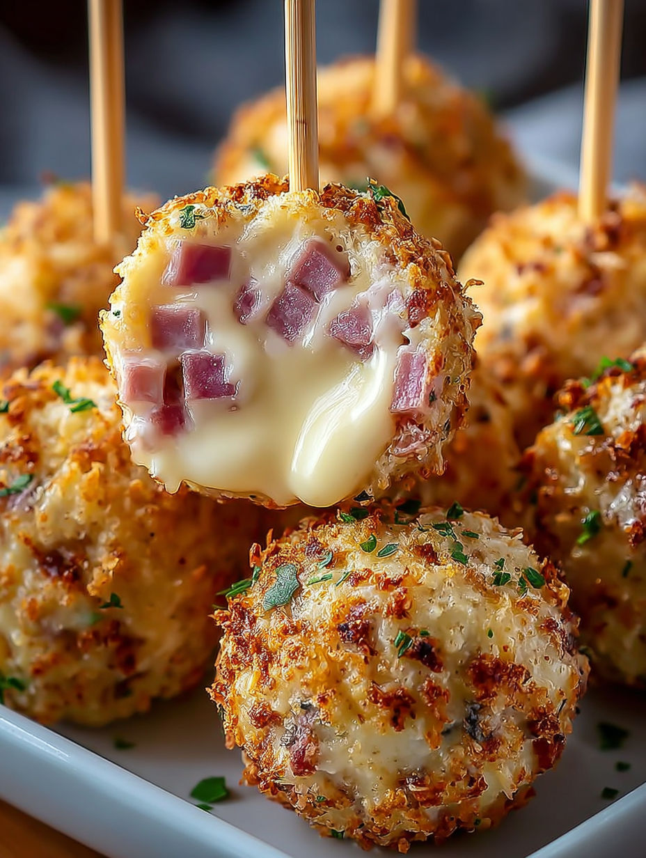 Des mini-gâteaux salés jambon et fromage, avec des pics de brochettes pour les suspendre.