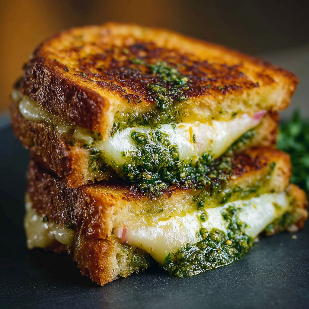 Une tranche de sandwich croque-monsieur chèvre pesto, avec des herbes vertes et du fromage.