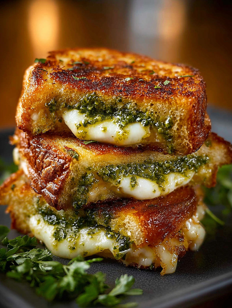 Une pile de sandwichs au fromage et à la menthe, avec des herbes vertes sur le dessus.