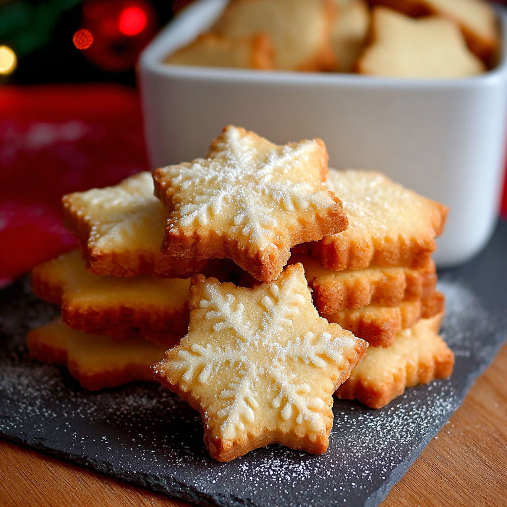 Une tasse de biscuits de Noël, avec des étoiles de sucre sur les biscuits.