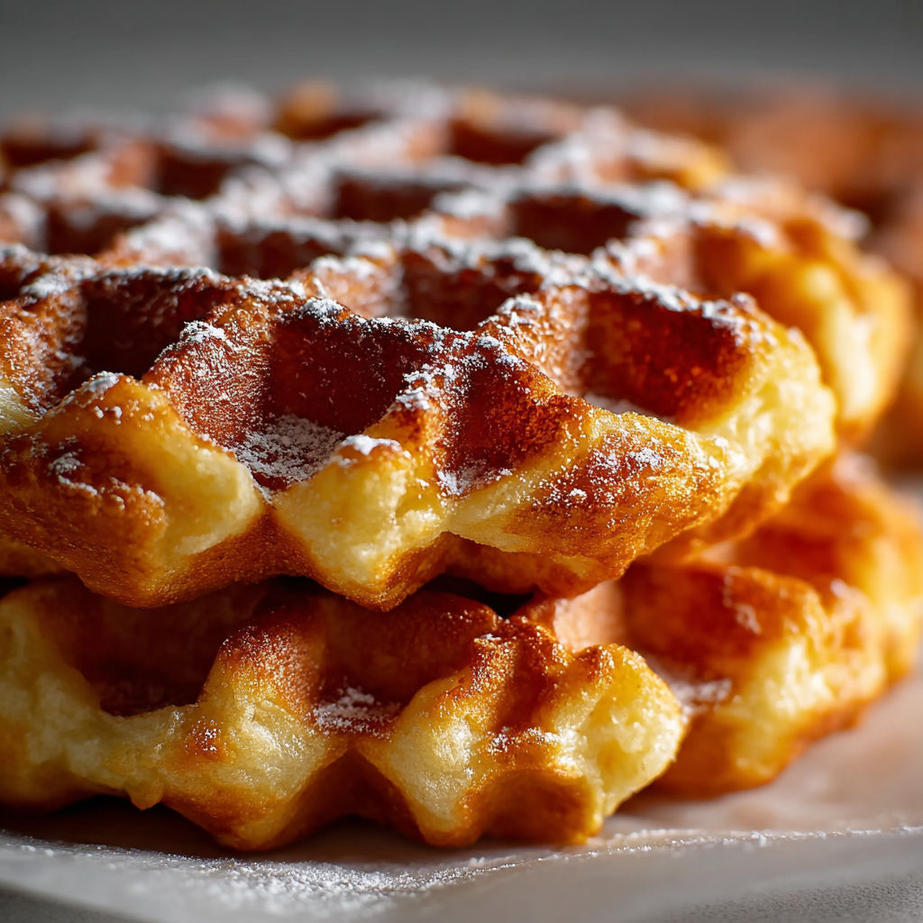 Une pile de waffles sucrées, avec des grains de sucre sur les surfaces, et une pâte brûlée.