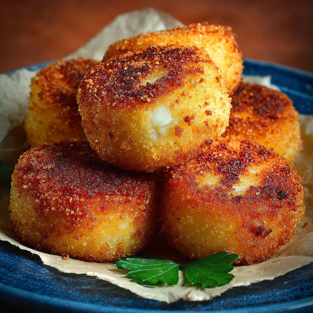 Une pile de croquettes de fromage sur un plateau.