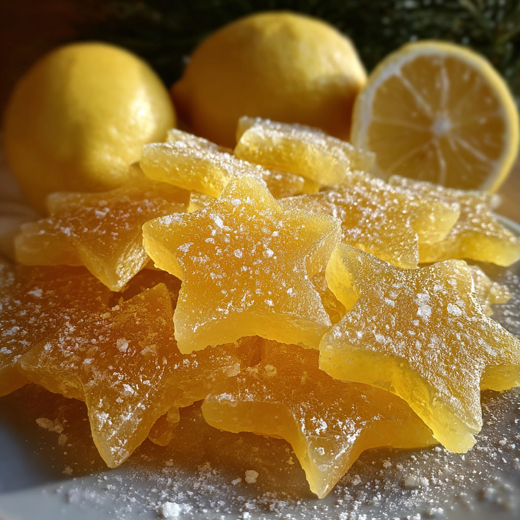 Une pâte de fruits au citron est servie sur une assiette avec des citrons et des étoiles de sucre.