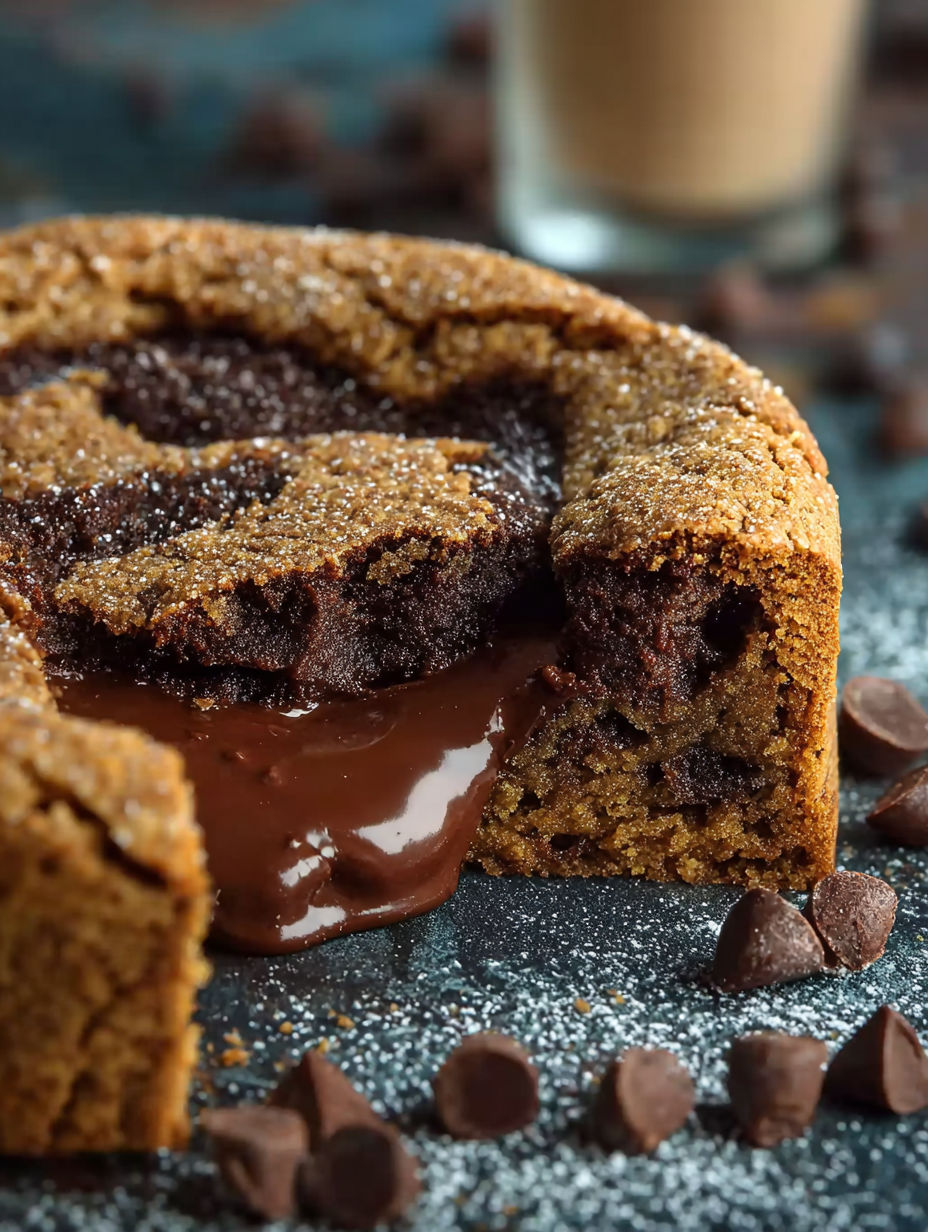 Un délicieux Maxi cookie coeur coulant, recette de chocolat, avec une sauce chocolat fondu qui le rend encore plus irrésistible.