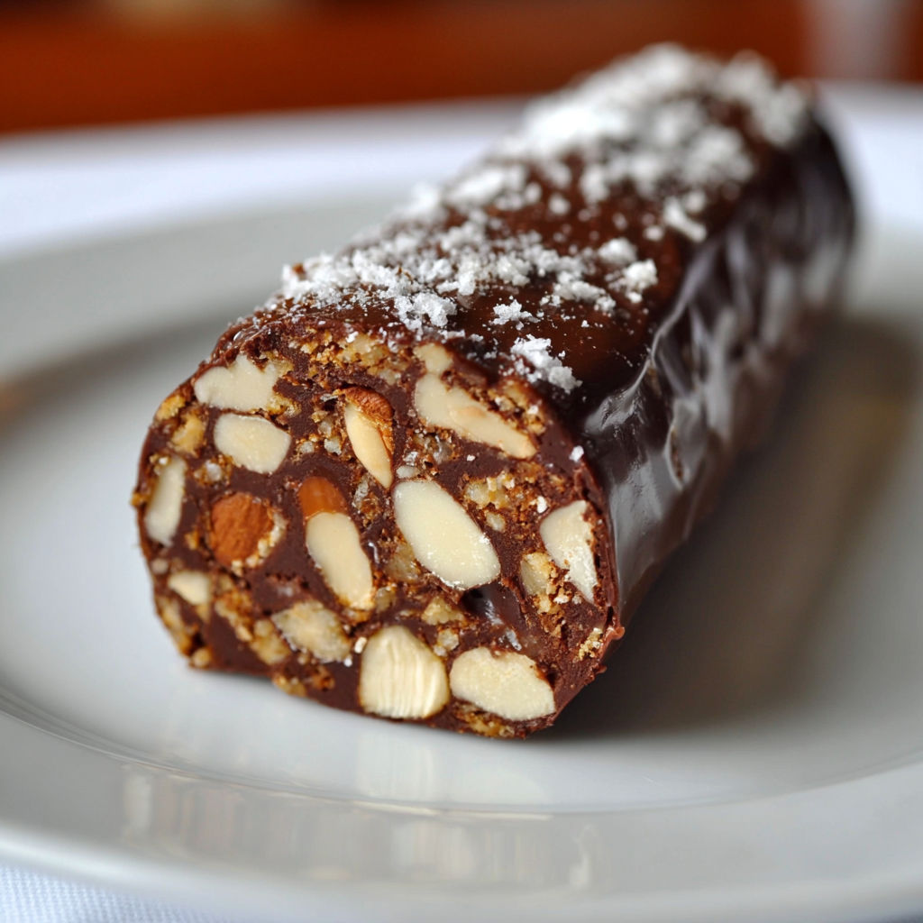 Une barre de chocolat avec des noix et des amandes sur une assiette blanche.