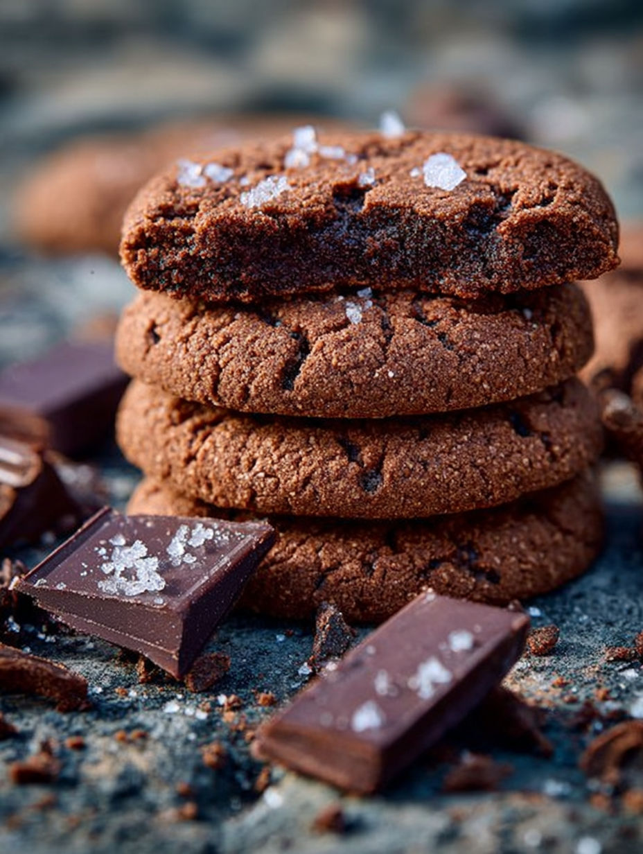 Une pile de sablés chocolat à la fleur de sel, créés par Pierre Hermé, sont présentés sur une table.