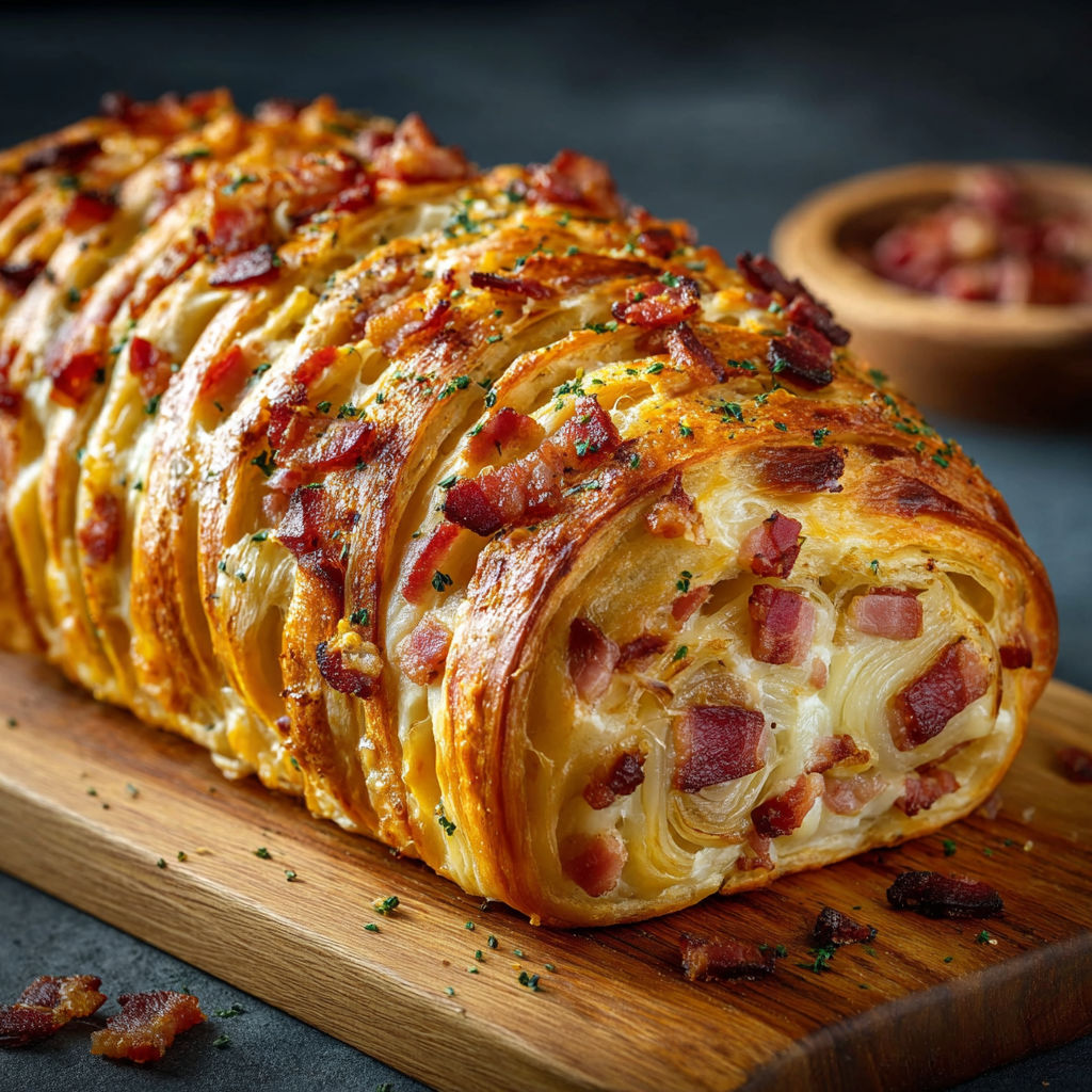Une pâte de pain aux lardons et oignons maison est servie sur un plateau de bois.