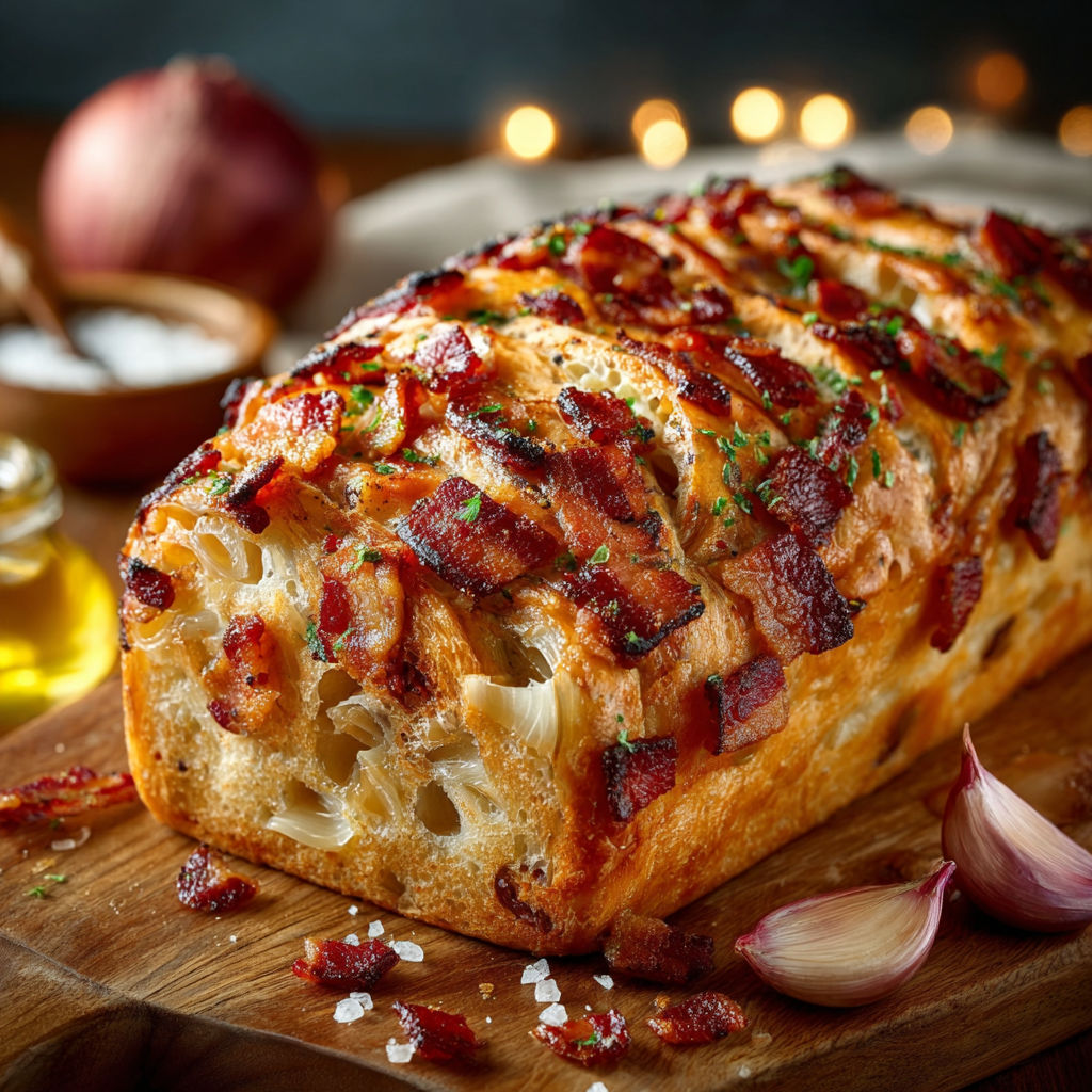 Une pâte de pain bacon et oignon, prête à être cuite.