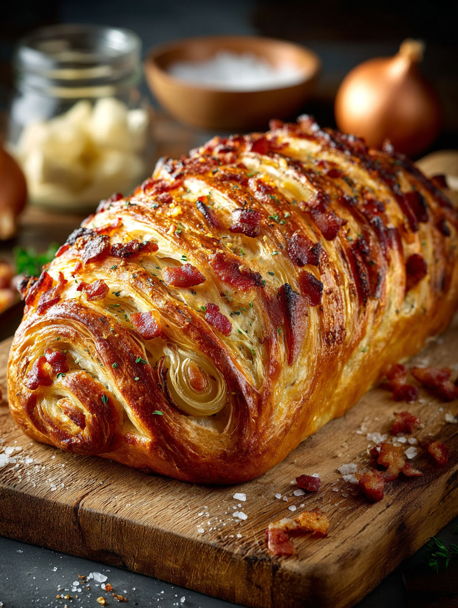 Une baguette de pain roulée avec des herbes et des bacon, prête à être cuite.