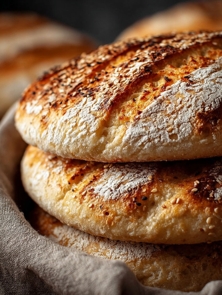 Une pile de pains de campagne grillés, avec des grains de cumin et des herbes sur les surfaces.