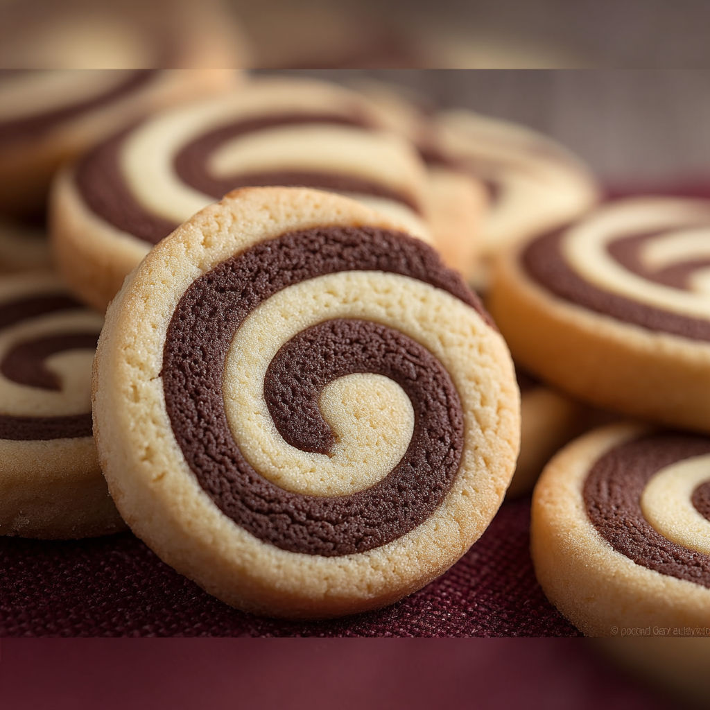 Descrption of a pastry with a spiral pattern and chocolate filling.