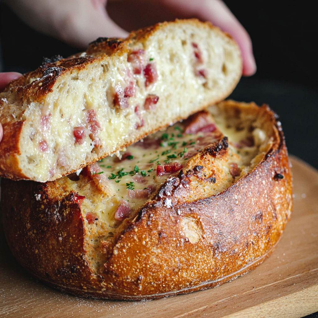 Une baguette de pain cocotte aux lardons et comté rapide sans pétrissage est présentée sur une table.