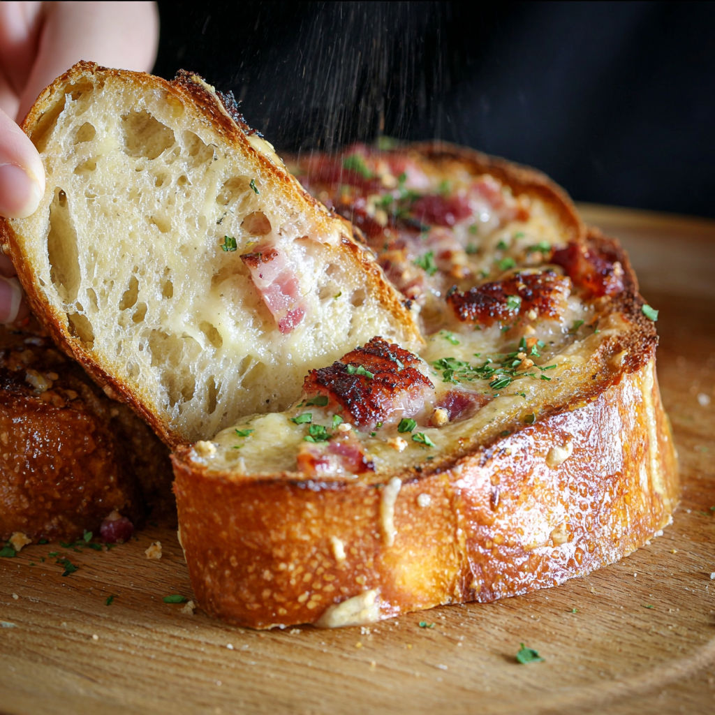 Une baguette de pain est tranchée en deux et une portion est retirée pour laisser place à une sauce.